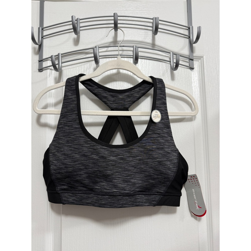 Exertek Womens XL Sports Bra Gray Black Space‎ Dye Criss Cross Back NWT
